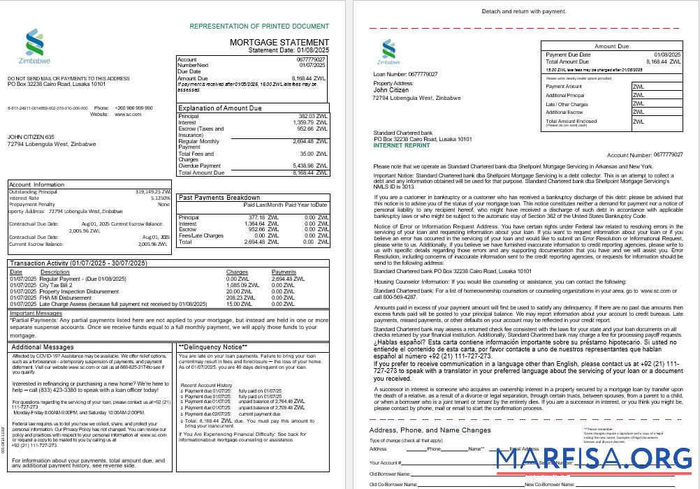 Downloadable Zimbabwean Standard Chartered Bank mortgage statement in Word and PDF formats, 3 pages 1 2 real example